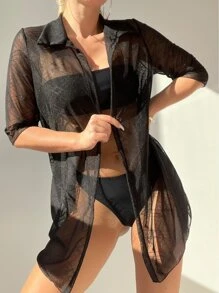 Kimono Nữ cắt màu trơn - màu đen - Xem 6