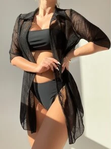 Kimono Nữ cắt màu trơn - màu đen - Xem 7