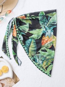 Tropical Print Knot Side Cover Up Skirt - Black - View 1