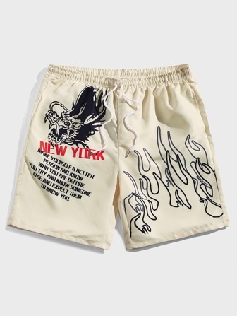Street Life Pantalones Cortos De Cintura Ajustable Para Hombre Con Eslogan Y Estampado De Dragón Y Fuego