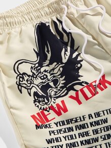 ROMWE MEN Street Life Men Slogan Dragon & Fire Print Drawstring Waist Shorts - Multicolor - View 3