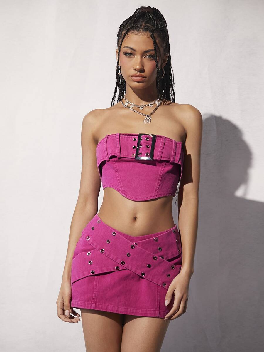 SHEIN ICON Bộ đồ hai mảnh nữ Lộ Lưng Dây kéo Thùa khuyết màu trơn Gợi cảm - Hồng - Xem 1