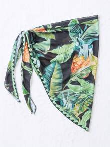 Tropical Print Knot Side Cover Up Skirt - Black - View 4