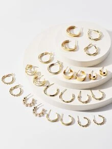 24入組極簡圓耳環 - 金黃色 - 查看 2