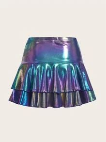 SHEIN ICON 鐳射褶飾荷葉邊下擺金屬色半身裙 - 彩色 - 查看 2