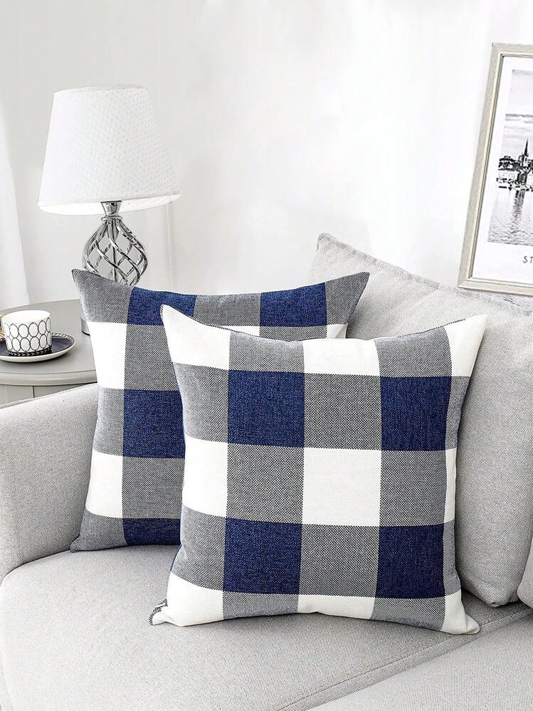 1 pièce à carreaux décoratif Coussin moderne tissu Housse de coussin pour vie domicile - Bleu et Blanc - Voir 1