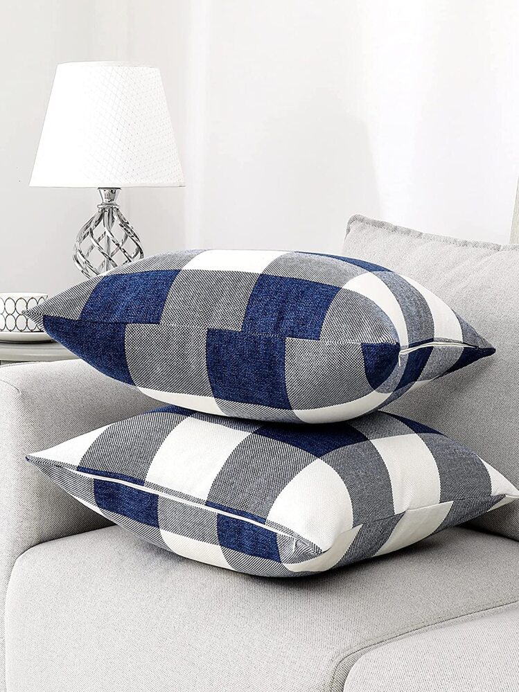 1 pièce à carreaux décoratif Coussin moderne tissu Housse de coussin pour vie domicile - Bleu et Blanc - Voir 5