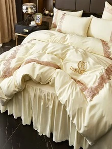 Letter Embroidered Duvet Cover Set Without Filler - White - View 1