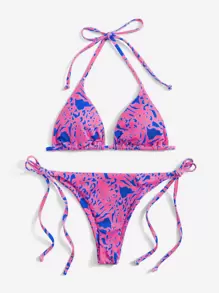 SHEIN Swim 夏季全印花吊带三角比基尼套装 - 紫丁香色 - 查看 1