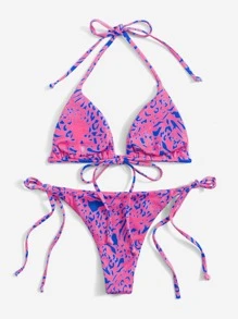 SHEIN Swim 夏季全印花吊带三角比基尼套装 - 紫丁香色 - 查看 2