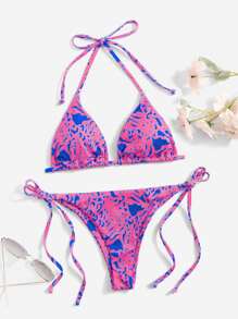 SHEIN Swim 夏季全印花吊带三角比基尼套装 - 紫丁香色 - 查看 3