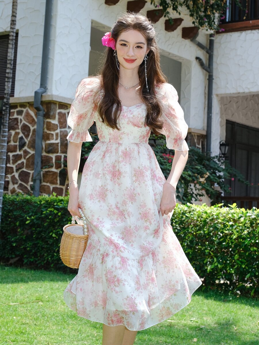 滿版印花泡泡袖荷葉邊連衣裙 - 粉色 - 查看 1