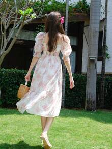 滿版印花泡泡袖荷葉邊連衣裙 - 粉色 - 查看 2