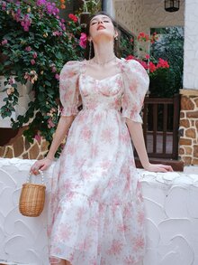 滿版印花泡泡袖荷葉邊連衣裙 - 粉色 - 查看 4