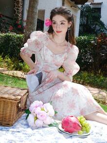 滿版印花泡泡袖荷葉邊連衣裙 - 粉色 - 查看 5