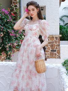 滿版印花泡泡袖荷葉邊連衣裙 - 粉色 - 查看 6