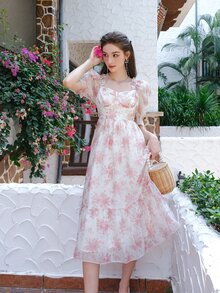 滿版印花泡泡袖荷葉邊連衣裙 - 粉色 - 查看 7