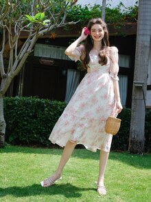 滿版印花泡泡袖荷葉邊連衣裙 - 粉色 - 查看 8