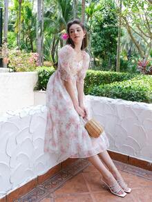 滿版印花泡泡袖荷葉邊連衣裙 - 粉色 - 查看 9