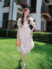 滿版印花泡泡袖荷葉邊連衣裙 - 粉色 - 查看 11