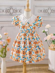 Toddler Girls Allover Print Peter Pan Collar Puff Sleeve Frill Trim Dress - Multicolor - View 1