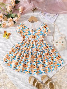 Toddler Girls Allover Print Peter Pan Collar Puff Sleeve Frill Trim Dress - Multicolor - View 2