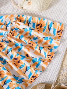 Toddler Girls Allover Print Peter Pan Collar Puff Sleeve Frill Trim Dress - Multicolor - View 3