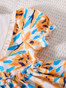 Toddler Girls Allover Print Peter Pan Collar Puff Sleeve Frill Trim Dress - Multicolor - View 4