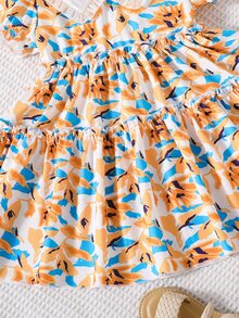 Toddler Girls Allover Print Peter Pan Collar Puff Sleeve Frill Trim Dress - Multicolor - View 5