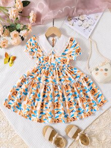Toddler Girls Allover Print Peter Pan Collar Puff Sleeve Frill Trim Dress - Multicolor - View 6