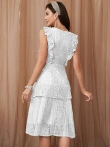 Đầm Tương phản ren Xù Dây kéo màu trơn Thanh lịch - trắng - Xem 2