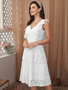 Đầm Tương phản ren Xù Dây kéo màu trơn Thanh lịch - trắng - Xem 3