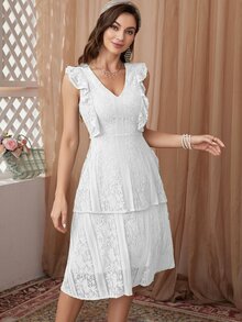 Đầm Tương phản ren Xù Dây kéo màu trơn Thanh lịch - trắng - Xem 5