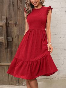 SHEIN VCAY Đầm Xù màu trơn Giải trí - Đỏ - Xem 3