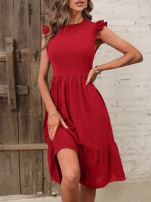 SHEIN VCAY Đầm Xù màu trơn Giải trí - Đỏ - Xem 4