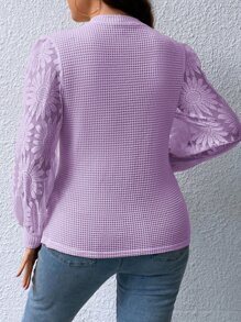 SHEIN Privé Top con encaje en contraste de manga farol tejido waffle - Lila Púrpura - Ver 2