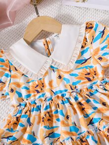 Toddler Girls Allover Print Peter Pan Collar Puff Sleeve Frill Trim Dress - Multicolor - View 7