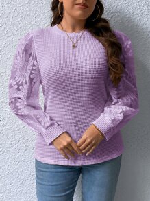 SHEIN Privé Top con encaje en contraste de manga farol tejido waffle - Lila Púrpura - Ver 3
