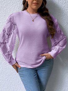 SHEIN Privé Top con encaje en contraste de manga farol tejido waffle - Lila Púrpura - Ver 6