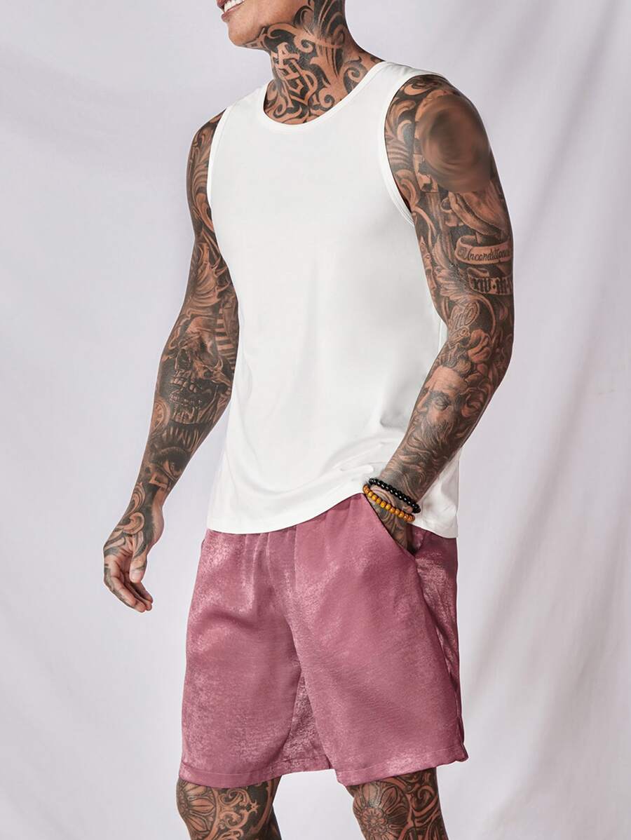 SHEIN Men Solid Tank Top & Shorts PJ Set - Multicolor - View 1