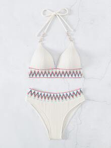 SHEIN Swim Chevron Tape Halter Triangle Summer Beach Bikini Set - Multicolor - View 5