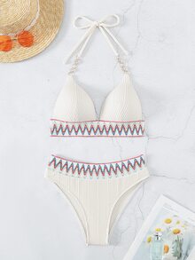 SHEIN Swim Chevron Tape Halter Triangle Summer Beach Bikini Set - Multicolor - View 6