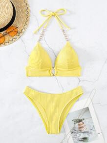 SHEIN Swim 夏季沙灘鏈帶連接領口三角比基尼套裝