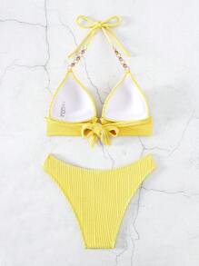SHEIN Swim 夏季沙灘鏈帶連接領口三角比基尼套裝