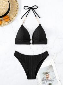SHEIN Swim Conjunto de bikini monocromático de verano con cadena eslabonada, sujetador con efecto push-up y bikini de 2 piezas - Negro - Ver 6