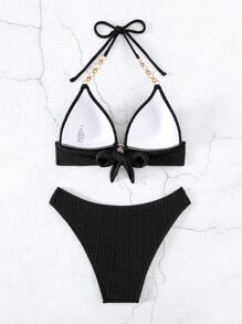 SHEIN Swim Conjunto de bikini monocromático de verano con cadena eslabonada, sujetador con efecto push-up y bikini de 2 piezas - Negro - Ver 2