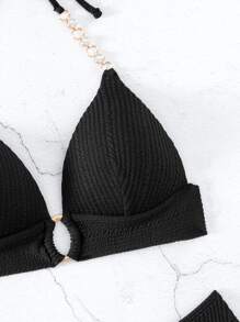 SHEIN Swim Conjunto de bikini monocromático de verano con cadena eslabonada, sujetador con efecto push-up y bikini de 2 piezas - Negro - Ver 3