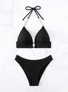 SHEIN Swim Conjunto de bikini monocromático de verano con cadena eslabonada, sujetador con efecto push-up y bikini de 2 piezas - Negro - Ver 5