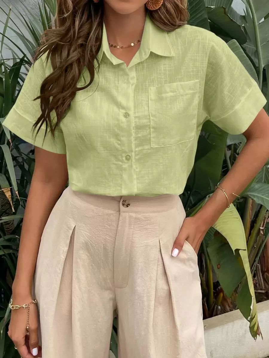 Breezaya Solid Button Front Pocket Patched Shirt - Lime Green - View 1