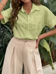 Breezaya Solid Button Front Pocket Patched Shirt - Lime Green - View 3